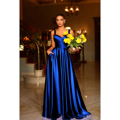 Simple V-Neck Sleeveless Ruched Satin A-Line Long Prom Evening Dress