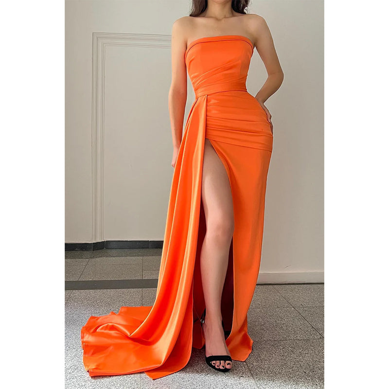 Strapless Satin Pleated Side Slit Long Prom Formal Dress