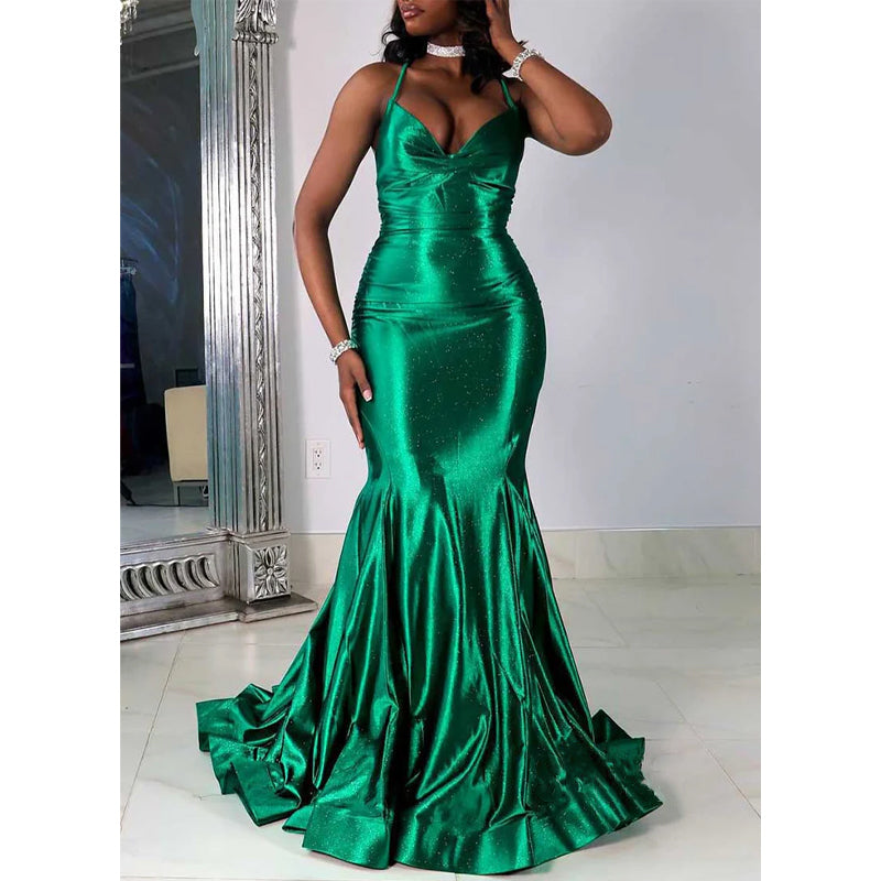 Sexy Trumpet V-neck Spaghetti Straps Party Prom Evening Dress for Black Women