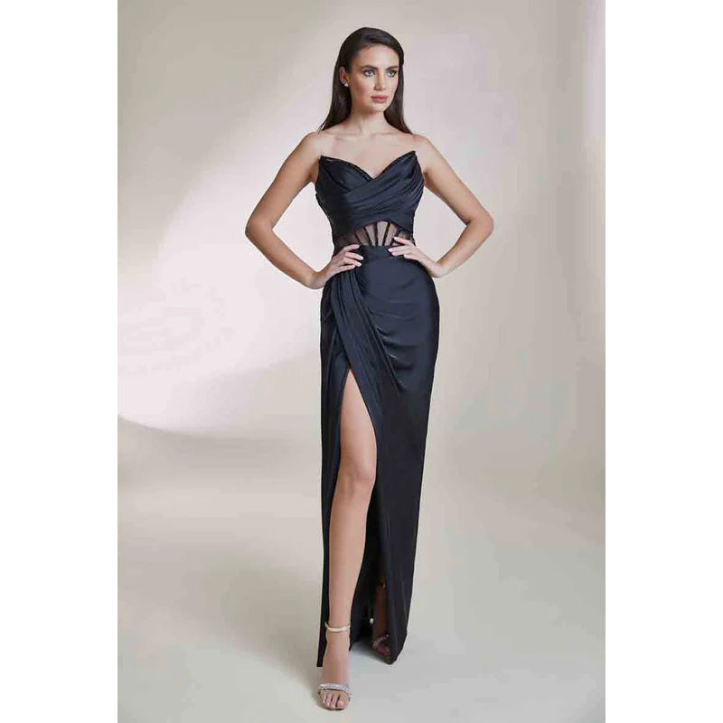 V-Neck Strapless Sleeveless Beaded Ruched Satin Sheath Long Evening Dress