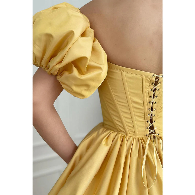 Strapless Short Sleeves Yellow Satin High Split Long Prom Dress with Pockets