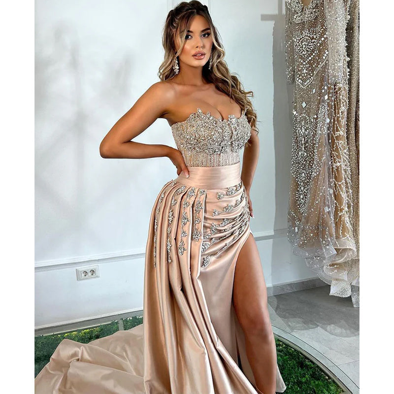 Unique Strapless Luxury Beads Mermaid Formal Evening Dress with Slit