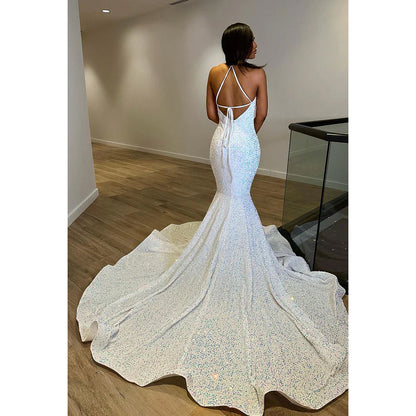 Trumpet/Mermaid V-Neck Sequined Backless Sleeveless Prom Evening Formal Dress