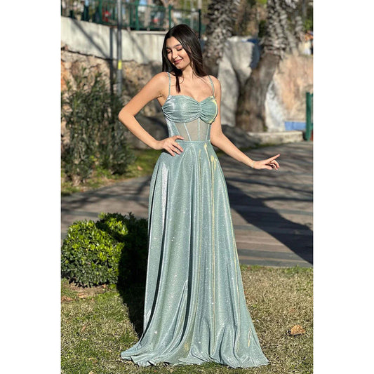 Elegant & Luxurious Spaghetti Straps Square A-line Shining Evening Party Formal Prom Dress