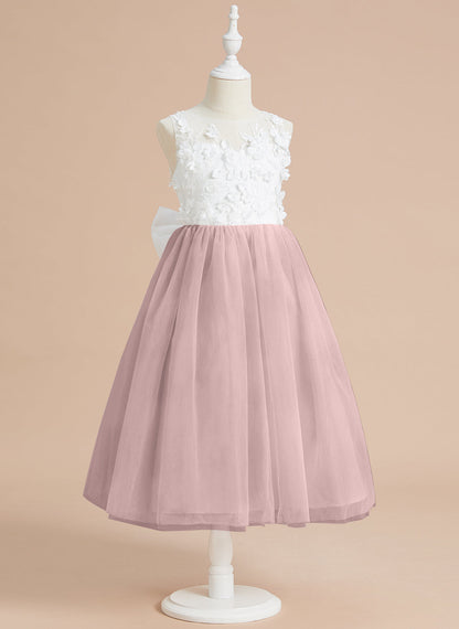 Floral Lace and Large Bow Tea-length Dress