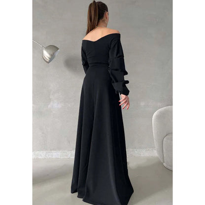 Simple A-line V-neck Off The Shoulder Puff Sleeves Long Prom Dress