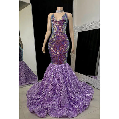 V-Neck Spaghetti Straps Sequined Appliqued Mermaid Long Prom Gown