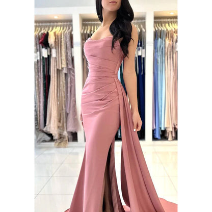 Strapless Ruched Satin Sheath Long Prom Evening Gown With Slit