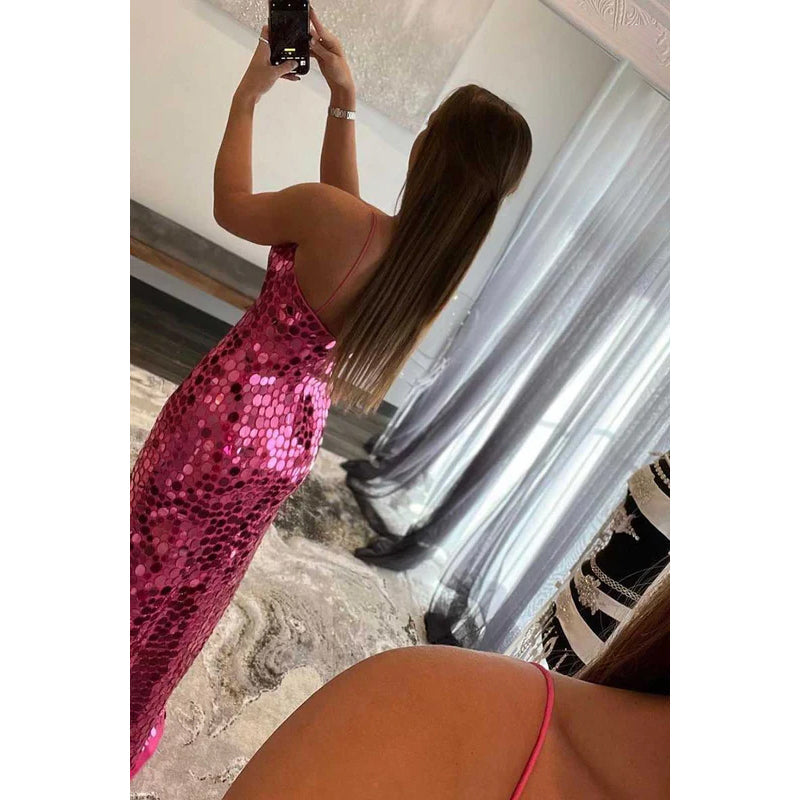 V-Neck Spaghetti Straps Sequined Long Prom Dress With Slit