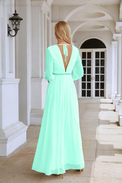 Ladies V Neck Chiffon Long Sleeve Front Slit Bridesmaid Evening Dress Wedding Party Shopping Evening Dress 28109-numbersea