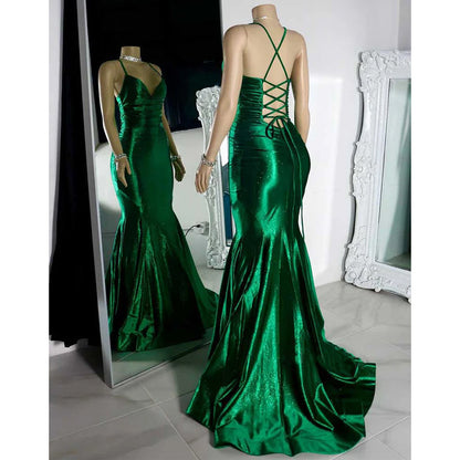 Trumpet V-neck Spaghetti Straps Prom Evening Dress for Black Girls