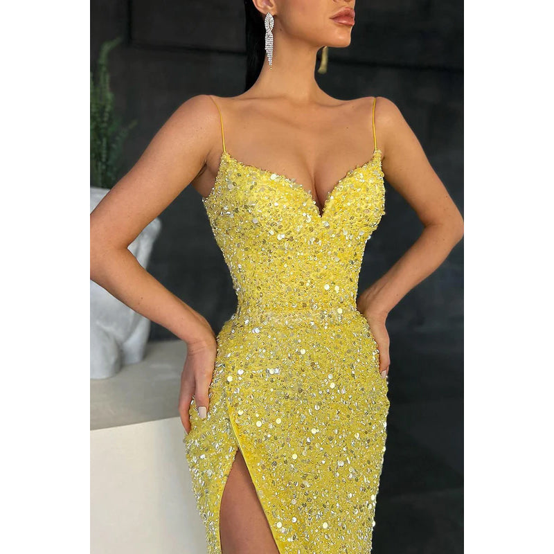 V-Neck Spaghetti Straps Sequined Sheath Long Prom Gown With Slit