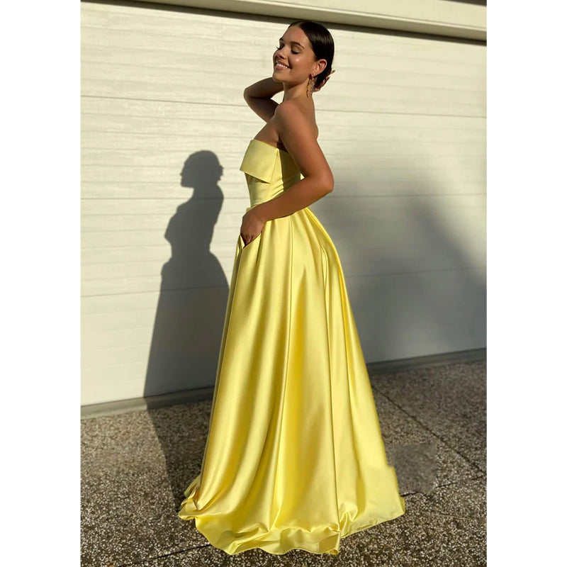 Strapless Yellow Satin High Split Long Prom Dress with Pockets