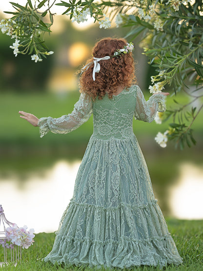 Lace Ankle-length Sage Green Boho Flower Girl Dress