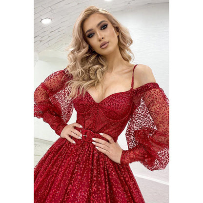 Women's Spaghetti Straps Long Sleeves Sparkly Prom Ball Gown