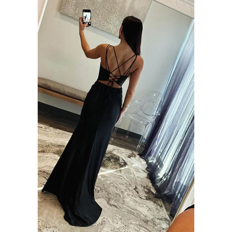 Sexy & Hot Straps V-Neck Cross Back Sheath Side Slit Evening Party Prom Dress