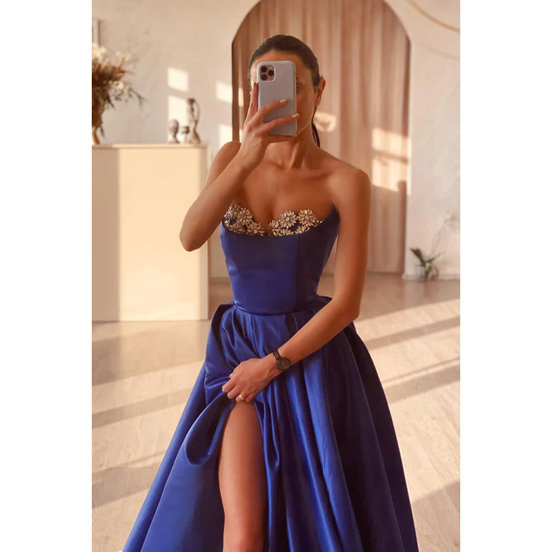 Strapless Beaded Ruched A-Line Long Prom Evening Dress