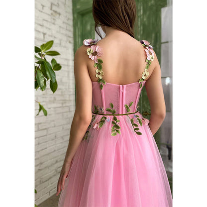 Spaghetti Straps Sweetheart 3d Appliques Pink Prom Dress with Pockets