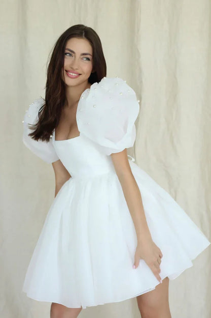 Wedding Dress A-Line Square-Neck Short With Puffy Pearls Sleeves