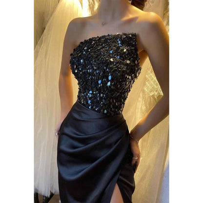 Strapless Sequins Top Black Long Prom Party Dress with Slit