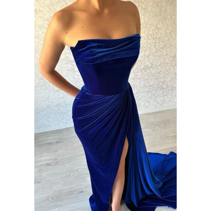 Simple & Casual Off-Shoulder Sleeveless Ruched Side Slit Formal Prom Dress