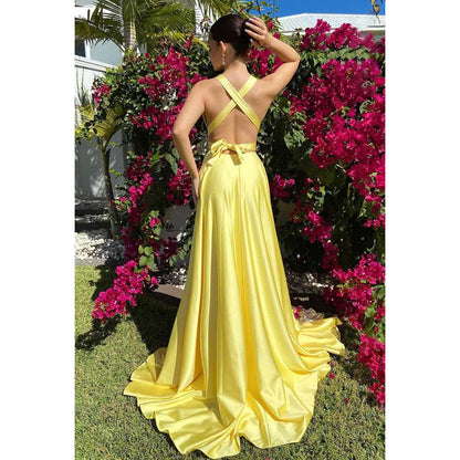 Deep-V-Neck Criss-Cross Straps A-Line Prom Dress With Slit