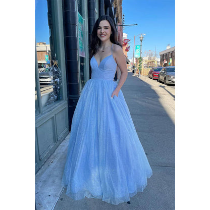 Plunging V-neck Sky Blue Sparkly Prom Dress