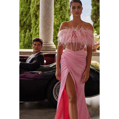 Strapless Feather Sheer Ruched Sheath Long Prom Formal Gown