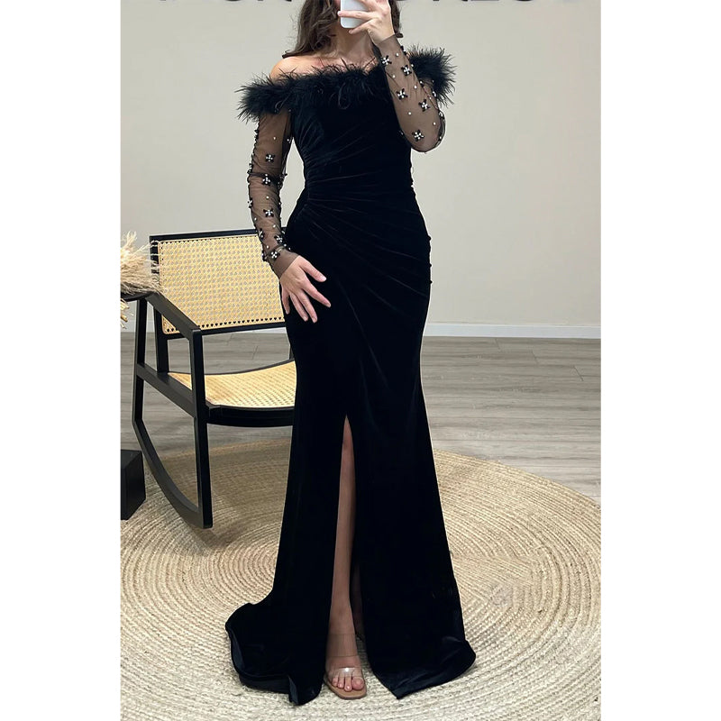 Feather Off-shoulder Beaded Velvet Sheath Long Prom Dress Evening Gown