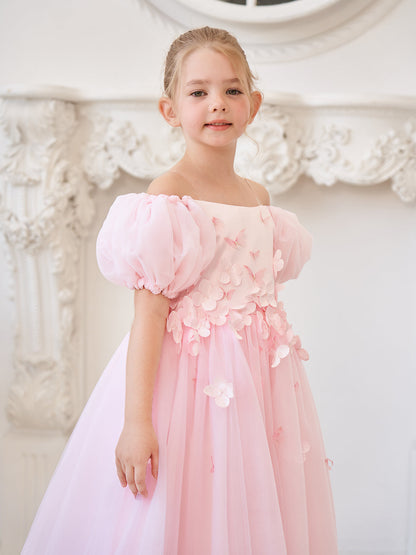 Puffy Sleeves Off-Shoulder 3D Floral Appliques Tulle Tea-length Flower Girl Dress