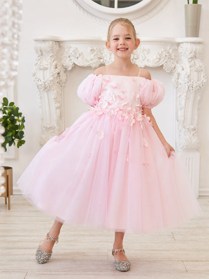 Puffy Sleeves Off-Shoulder 3D Floral Appliques Tulle Tea-length Flower Girl Dress