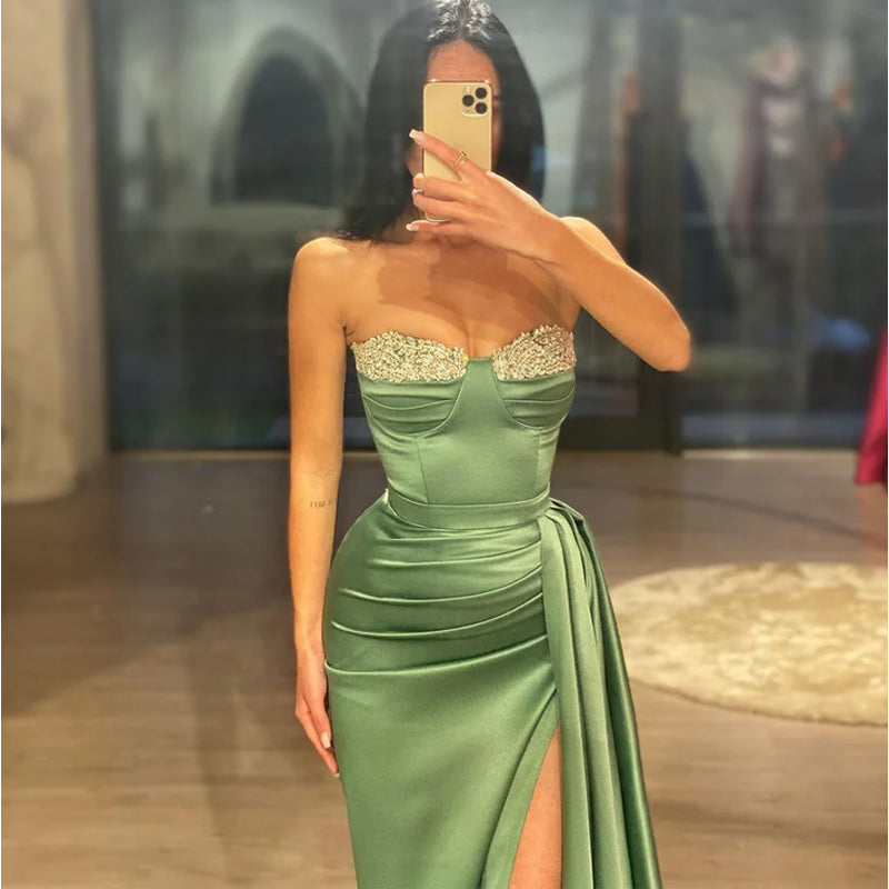 Sheath/column Strapless Beaded Green Long Sleeves Prom Dress with Slit