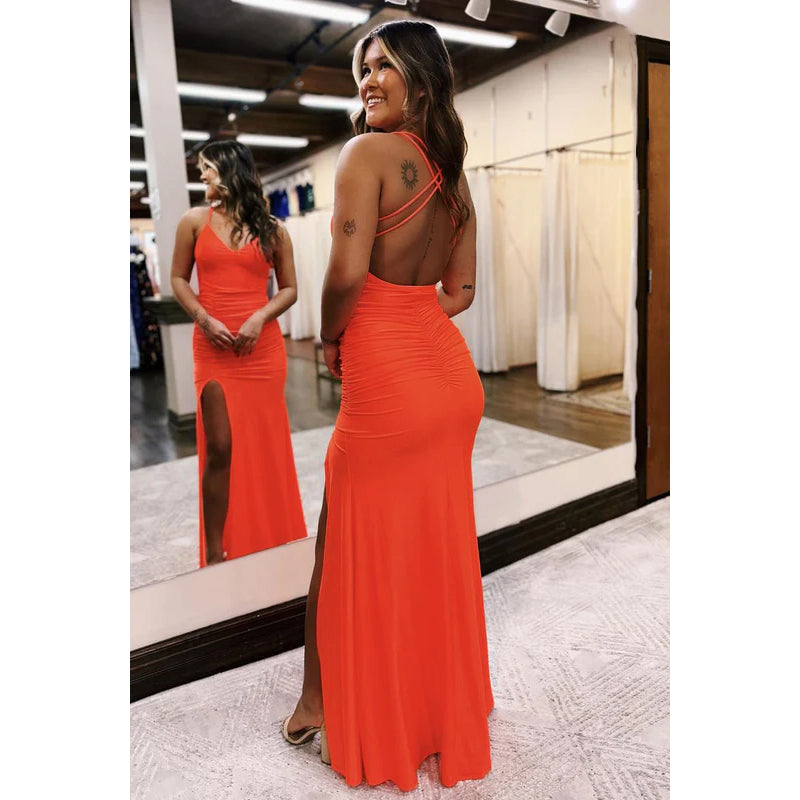 Simple & Casual Spaghetti Straps V-Neck Slit Sheath Satin Party Prom Dress