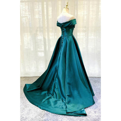 Unique Off-shoulder Green Satin Pleat Long Formal Dress