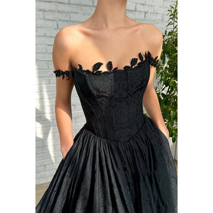 Langes Ballkleid mit Schlitz und Taschen für Damen, quadratisch, schwarz, Spitze 