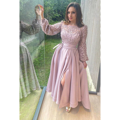 Elegant & Luxurious Long Sleeves A-line Side Slit Applique Party Prom Dress