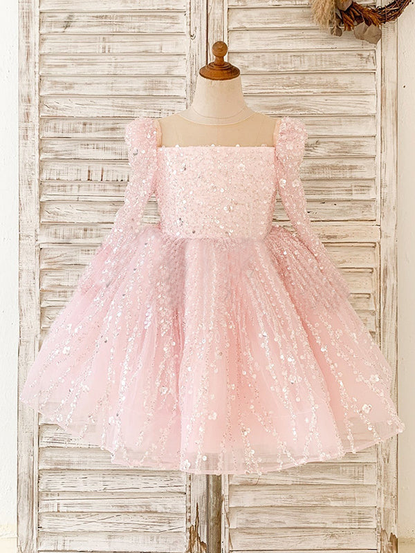 Girls Pink Sequined Tulle Princess Dress with Long Sleeves and Oversized Bow