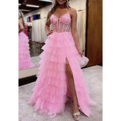 Tulle A-line Sweetheart Spaghetti Straps Appliques with Side Slitparty Prom Evening Dress