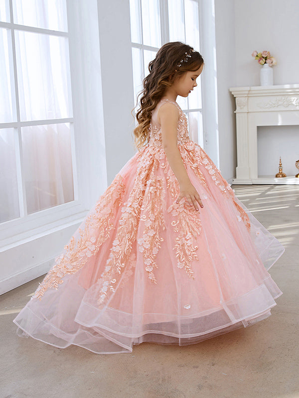 Pink Princess Ball Gown for Girls with Lace Appliqués