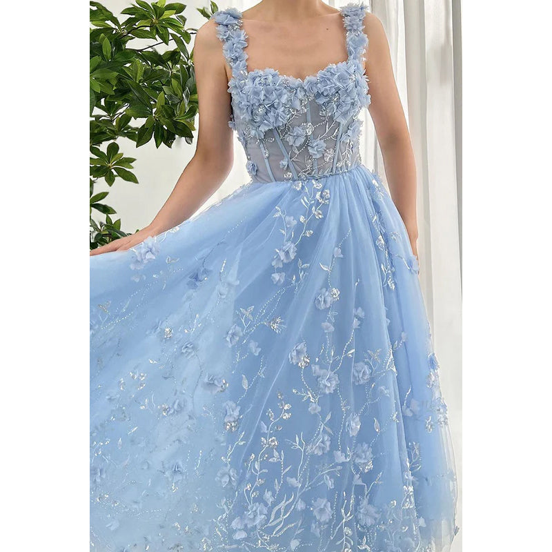 Glamorous & Dramatic Straps Square A-line Tulle Applique Formal Prom Dress With Flower