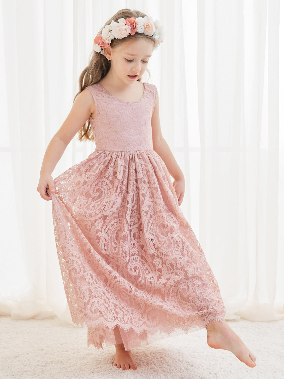 Girl Paisley Lace Back A-Line Straight Tutu Tulle Party Flower Girl Dress