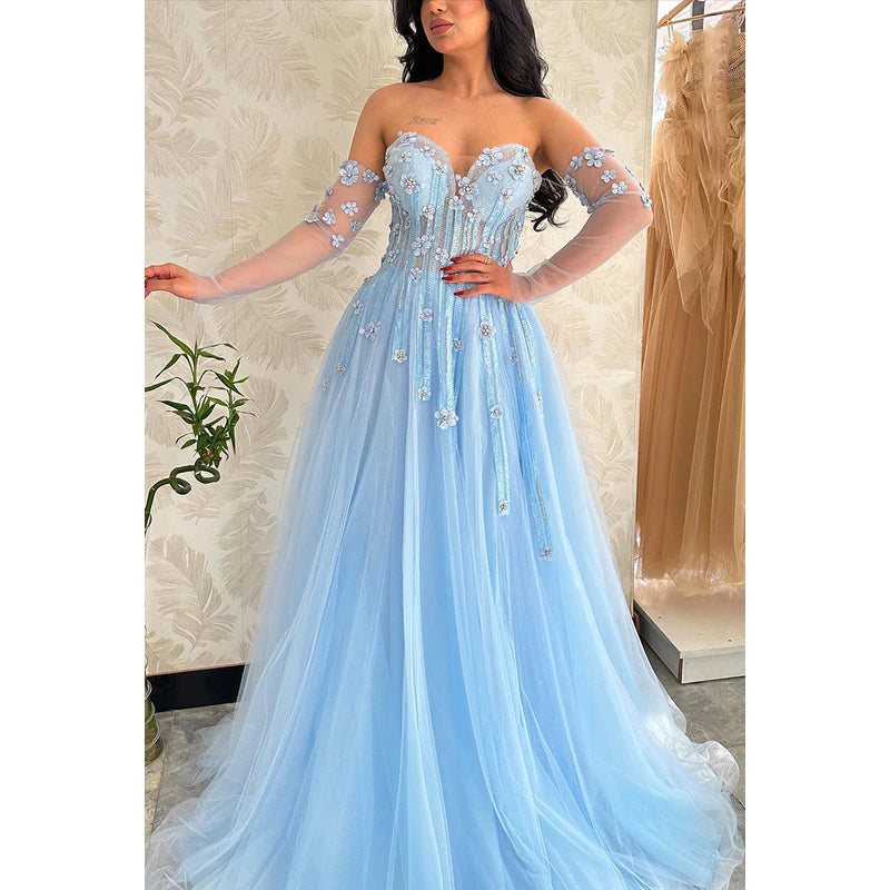 Sweetheart Strapless Appliqued Beaded Tulle A-Line Long Evening Dress