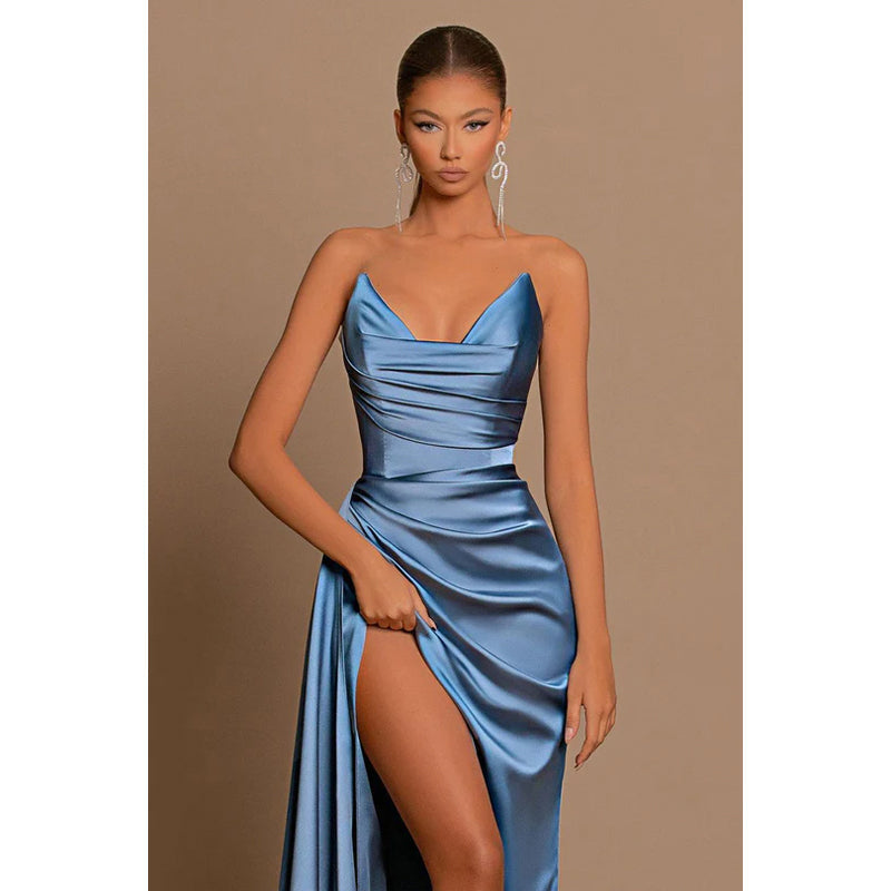 Strapless Satin Pleats Sleeveless Prom Dress