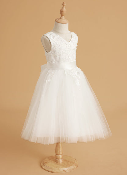 Sleeveless Lace Tulle Knee Length Flower Girl Dress