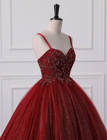 Ball Gown Prom Dresses Princess Dress Graduation Floor Length Sleeveless Spaghetti Strap Lace with Beading Appliques