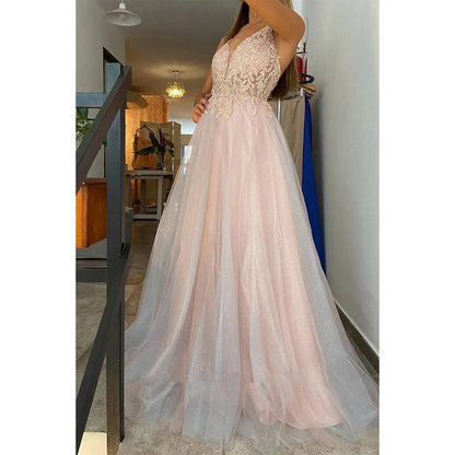 Spaghetti Straps Tulle Appliques A-line Long Prom Dress