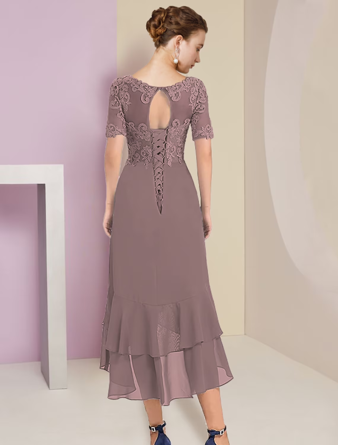 Zweiteiliges A-Linien-Kleid für die Mutter der Braut, formeller Hochzeitsgast, elegant, hoher Tiefausschnitt, V-Ausschnitt, asymmetrisch, wadenlang, Chiffon, Spitze, kurze Ärmel, 3/4-Ärmel, Wickelärmel, inklusive Applikationen