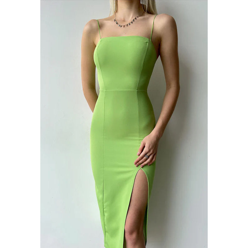 Sheath/Column Spaghetti Straps Satin Knee Length Evening Dress