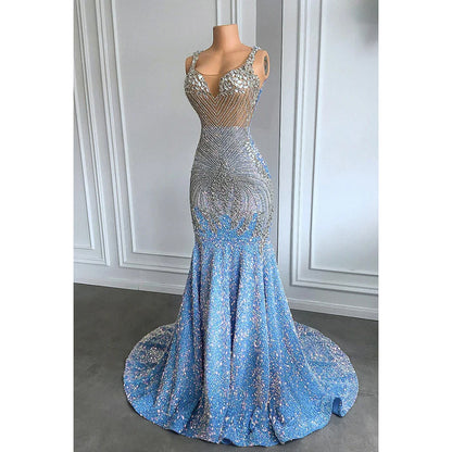 Glamorous & Dramatic Ruffles Rhinestones V-neck Sleeveless Sequins Evening Prom Dress