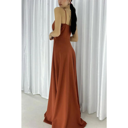 Simple A-line Sexy V-neck Straps Long Prom Party Dress with Slit